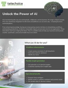 A business brochure titled Unlock the Power of AI highlights AI benefits like workflow enhancements, flexible insight generation, and operational benefits, with graphics of AI icons and digital networks.