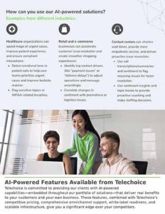 Three people smile and collaborate at a table with laptops. Above, text highlights AI-powered solutions for healthcare, retail, and contact centers, listing benefits and industry-specific applications.