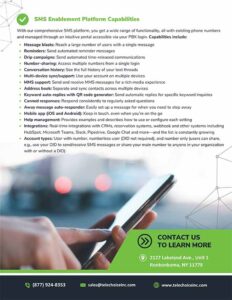 Flyer detailing SMS enablement services, listing features like message blasts, reminders, MMS, and API. Contact info includes a phone number, email, website, and address. Green and white professional design.