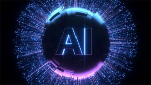 The letters AI centered within a glowing circular ring of light and data particles.