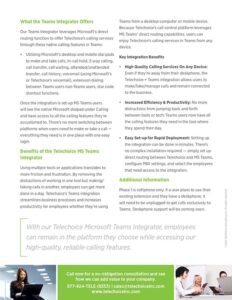 Informational flyer for Telechoice Microsoft Teams Integrator, detailing calling features, benefits, and contact information for a consultation.
