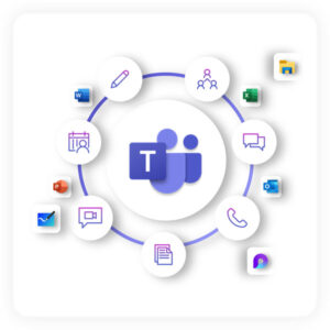 The Microsoft Teams logo centered in a circle surrounded by various productivity and communication app icons connected by a line. The Microsoft Teams logo centered in a circle surrounded by various productivity and communication app icons connected by a line.