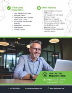 A flyer for TeleChoice listing software integrations and features, featuring a smiling man working at a laptop and contact information including phone, email, website, and physical address.