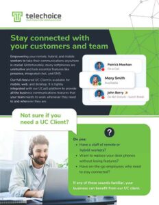Promotional flyer for Telechoice UC Client software, featuring benefits for remote teams, a status dashboard preview, and a checklist of features for hybrid workers.