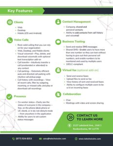 Infographic listing key business communication features including clients, voice calls, presence, contact management, business texting, and virtual fax, with contact information at the bottom.